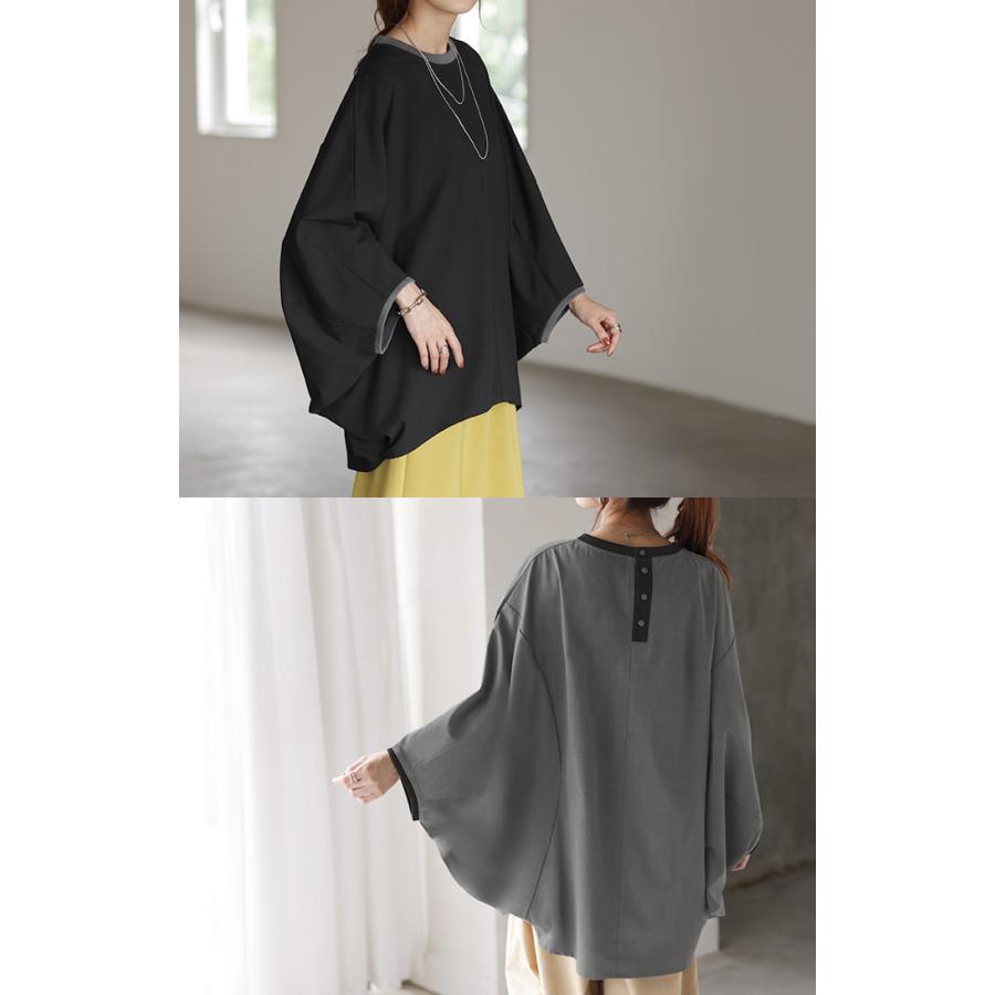 ロンT 体型カバー ドルマン トップス 二の腕カバー レディース カットソー 配色 リブ プルオーバー 無地 | HUG.U | 10