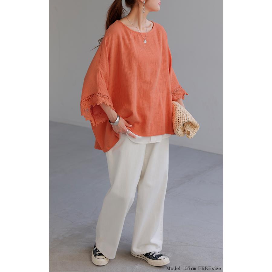 Tシャツ レース 袖 体型カバー トップス ナチュラル 二の腕カバー レディース ティーシャツ チュニック 綿100％ | HUG.U | 15