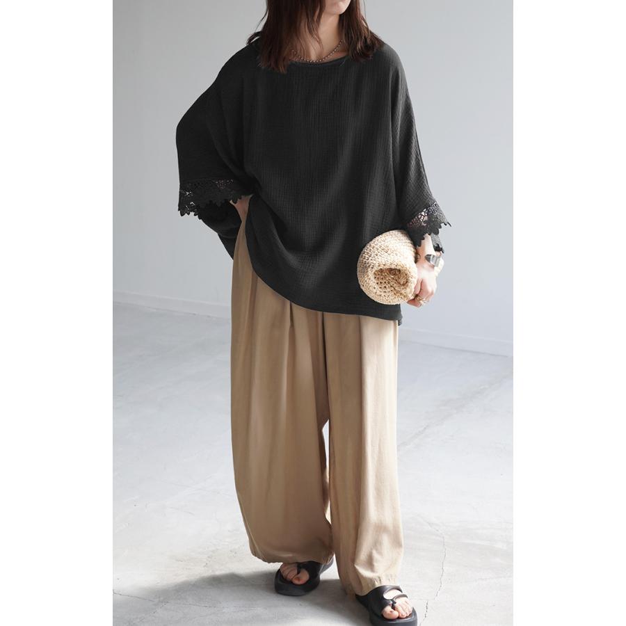Tシャツ レース 袖 体型カバー トップス ナチュラル 二の腕カバー レディース ティーシャツ チュニック 綿100％ | HUG.U | 25