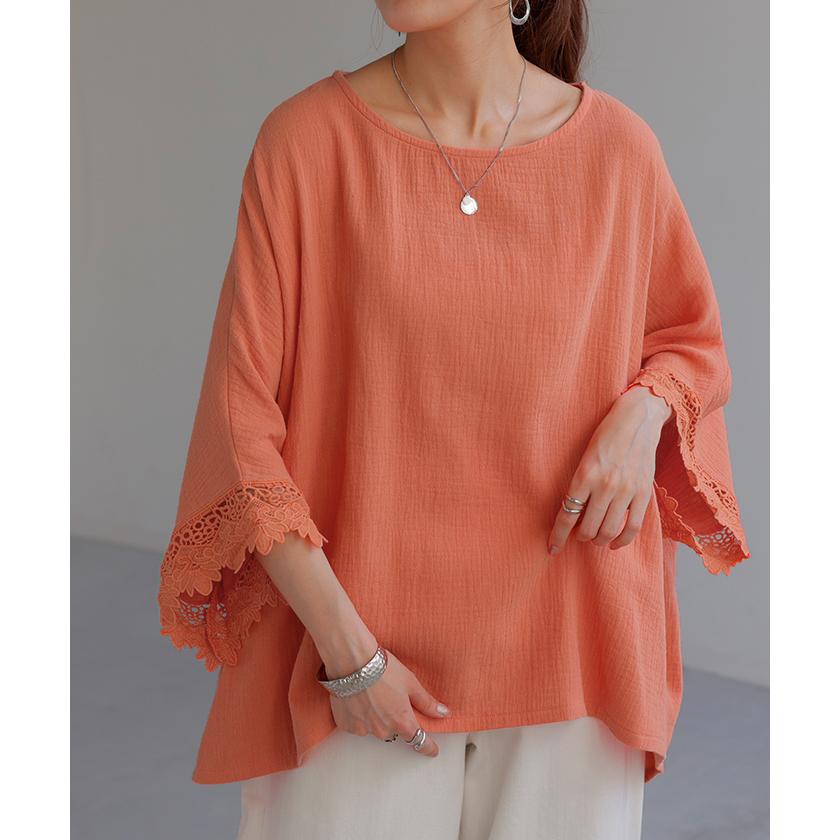 Tシャツ レース 袖 体型カバー トップス ナチュラル 二の腕カバー レディース ティーシャツ チュニック 綿100％ | HUG.U | 11