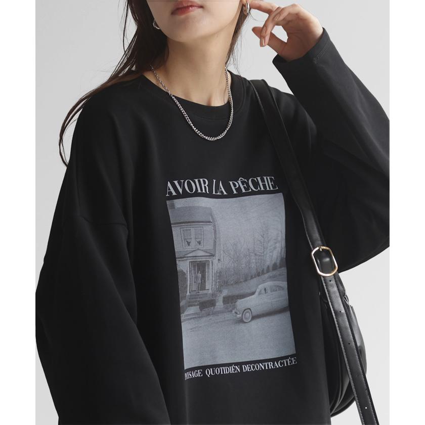 カットソー ロンT フォト プリント レディース ロゴ ロゴT ティーシャツ 無地 長袖 Tシャツ ロング チュニック | HUG.U | 09