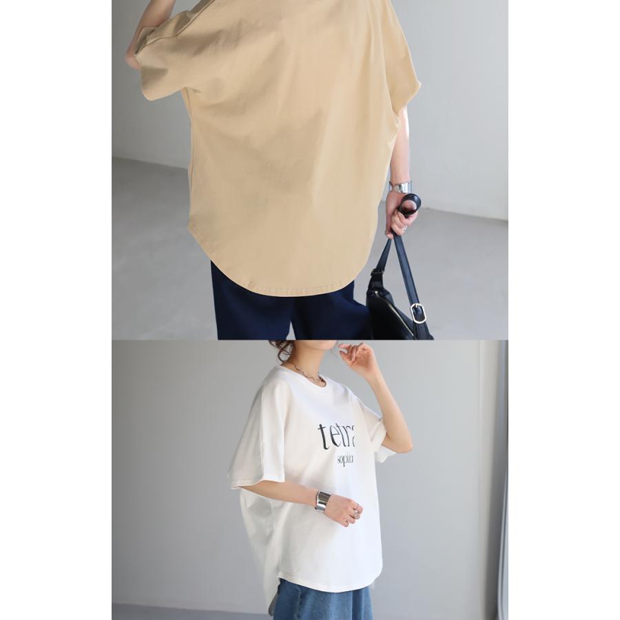 Tシャツ ロゴ 半袖 トップス 変形 二の腕カバー レディース ドルマンスリーブ プリント 無地 Uネック シンプル | HUG.U | 16