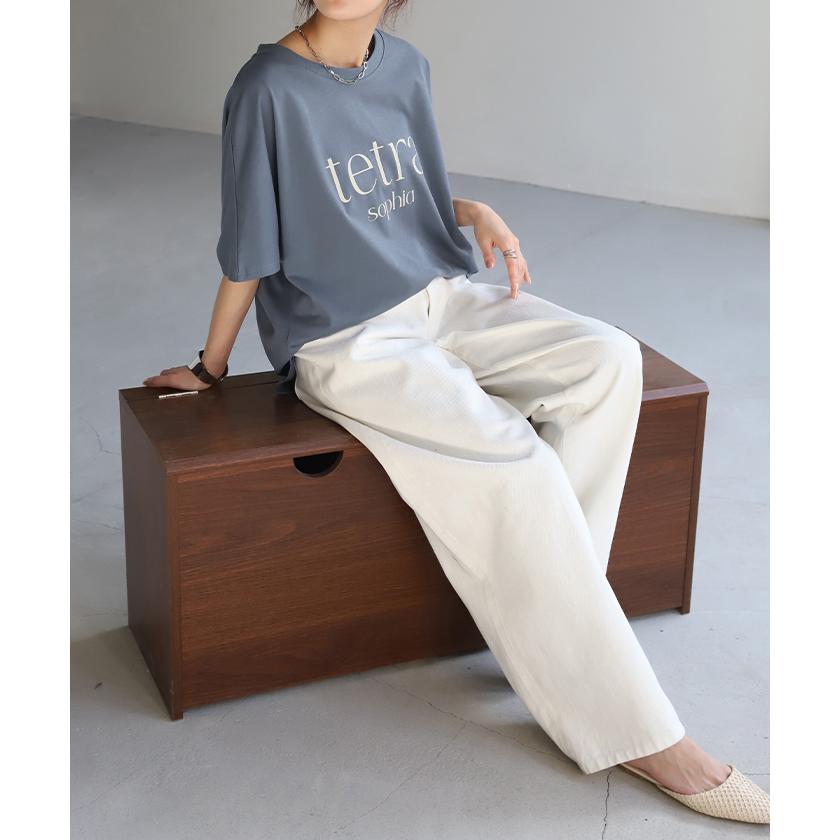 Tシャツ ロゴ 半袖 トップス 変形 二の腕カバー レディース ドルマンスリーブ プリント 無地 Uネック シンプル | HUG.U | 17