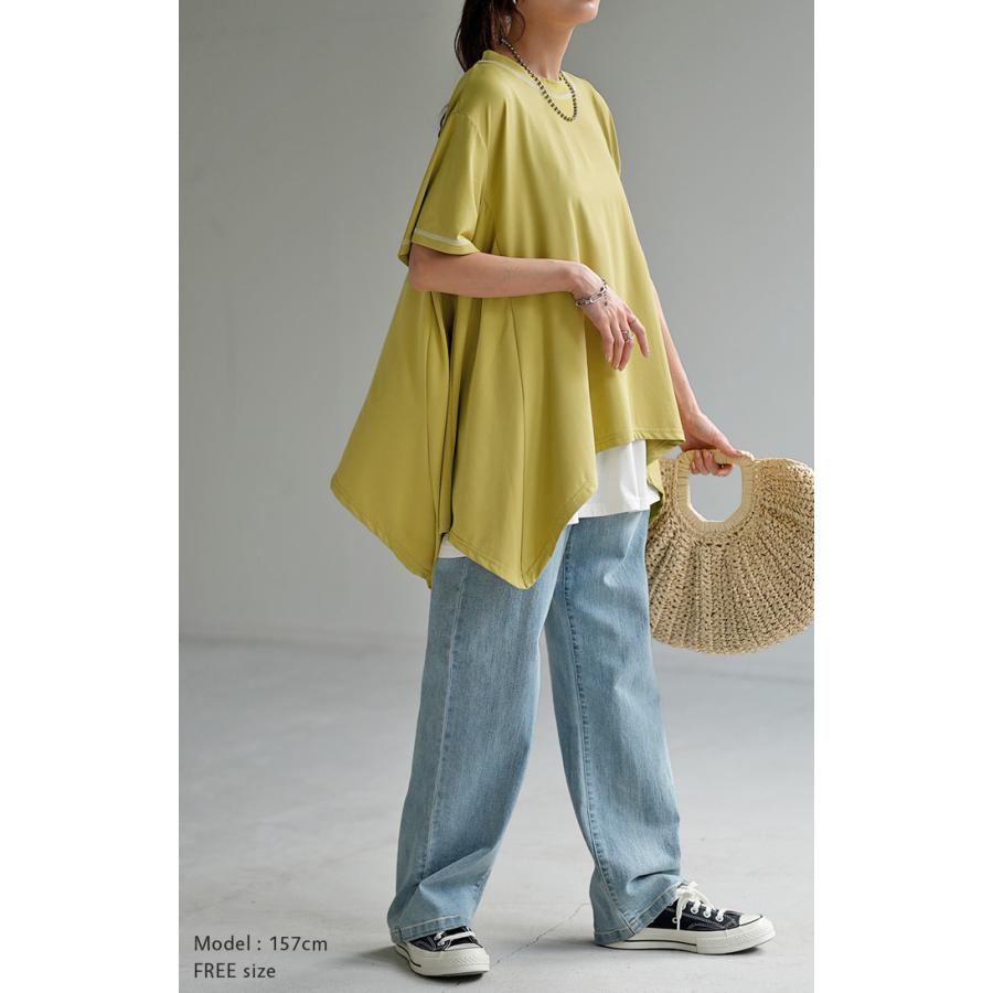 Tシャツ 接触冷感 トップス 涼しい 薄手 チュニック ロング レディース カットソー Uネック ティーシャツ | HUG.U | 22