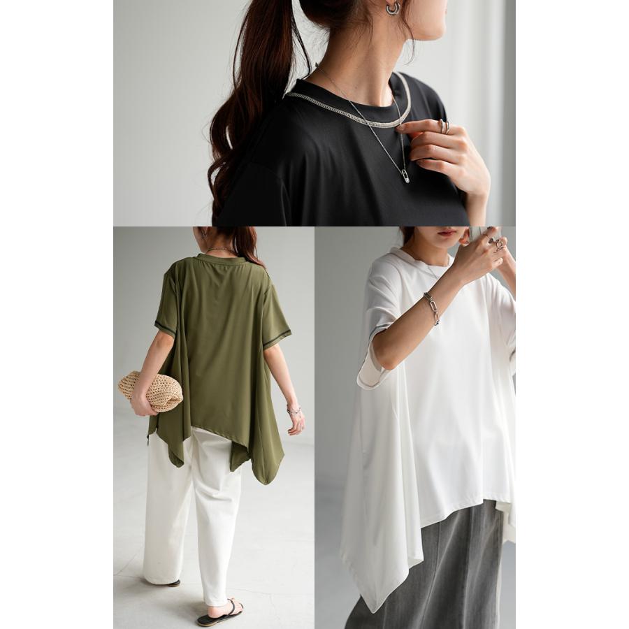 Tシャツ 接触冷感 トップス 涼しい 薄手 チュニック ロング レディース カットソー Uネック ティーシャツ | HUG.U | 13