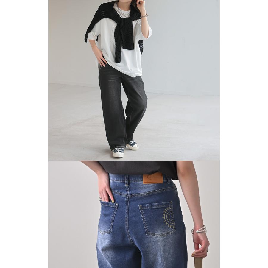 パンツ デニム 刺繍 レディース ボトムス ボトム ジーパン ジーンズ ストレッチ ウエスト ゴム デニムパンツ カーブ カーブデニム ワイド ワイドパンツ | HUG.U | 14