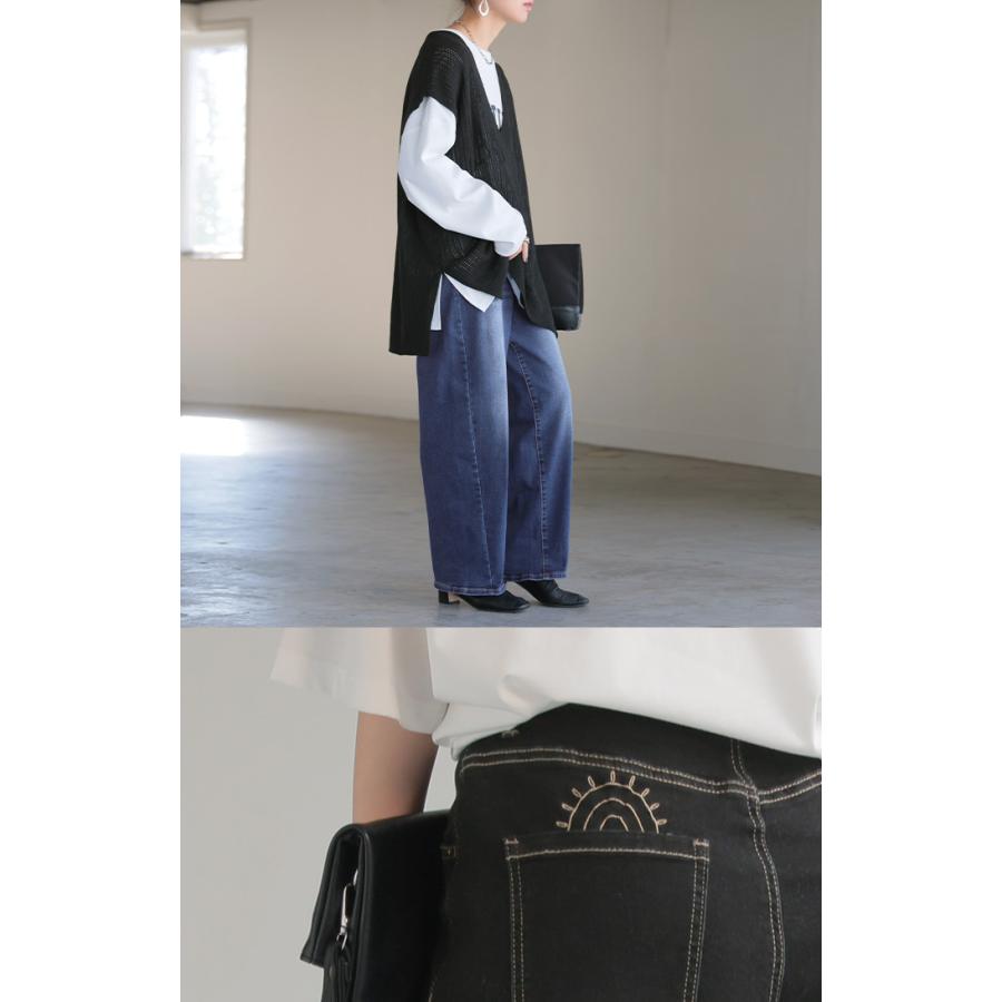 パンツ デニム 刺繍 レディース ボトムス ボトム ジーパン ジーンズ ストレッチ ウエスト ゴム デニムパンツ カーブ カーブデニム ワイド ワイドパンツ | HUG.U | 19