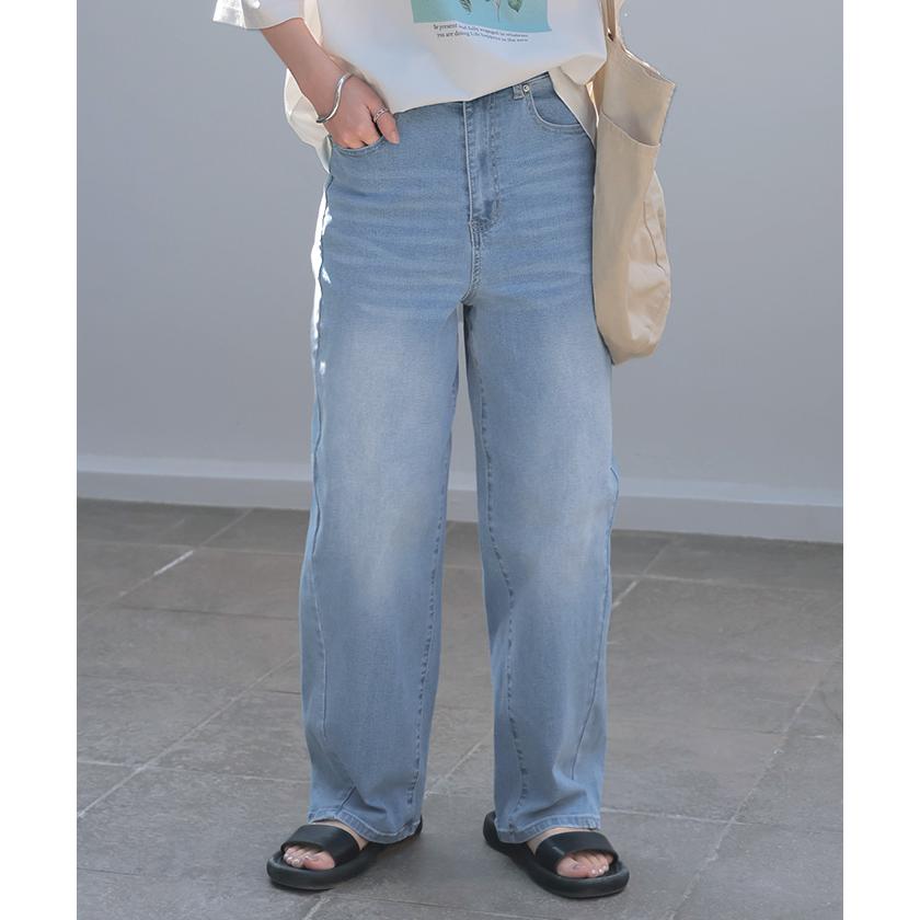 パンツ デニム 刺繍 レディース ボトムス ボトム ジーパン ジーンズ ストレッチ ウエスト ゴム デニムパンツ カーブ カーブデニム ワイド ワイドパンツ | HUG.U | 07