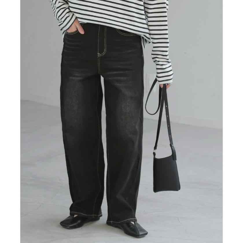 パンツ デニム 刺繍 レディース ボトムス ボトム ジーパン ジーンズ ストレッチ ウエスト ゴム デニムパンツ カーブ カーブデニム ワイド ワイドパンツ | HUG.U | 09