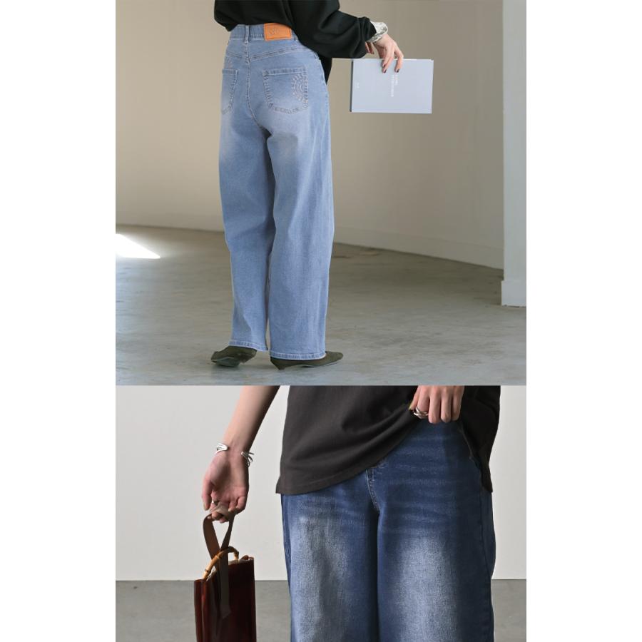 パンツ デニム 刺繍 レディース ボトムス ボトム ジーパン ジーンズ ストレッチ ウエスト ゴム デニムパンツ カーブ カーブデニム ワイド ワイドパンツ | HUG.U | 11