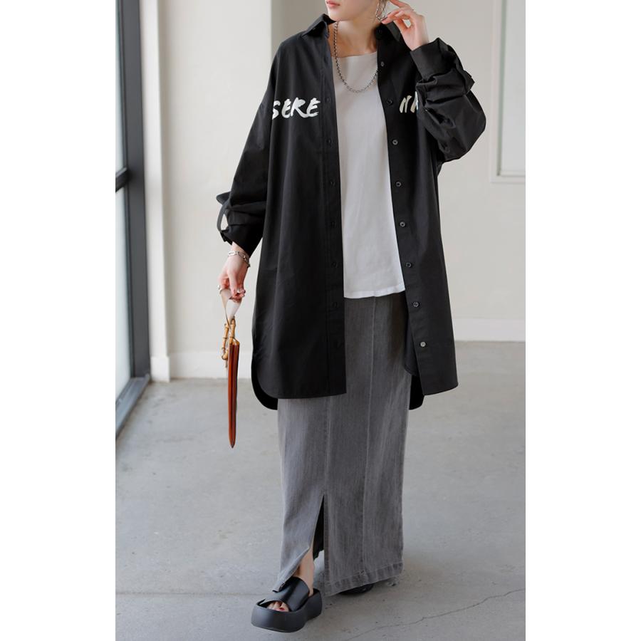 シャツ ロゴ ロング レディース トップス ロングシャツ チュニック ブラウス 綿100 ワンピース プリント 長袖 | HUG.U | 12