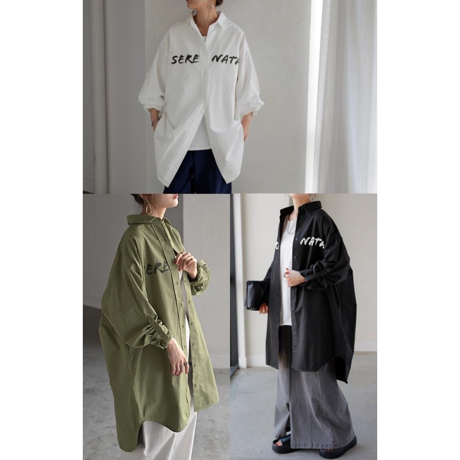 シャツ ロゴ ロング レディース トップス ロングシャツ チュニック ブラウス 綿100 ワンピース プリント 長袖 | HUG.U | 13