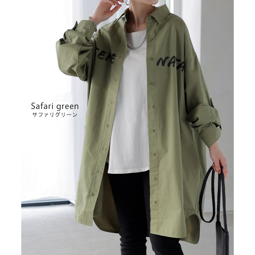 シャツ ロゴ ロング レディース トップス ロングシャツ チュニック ブラウス 綿100 ワンピース プリント 長袖 | HUG.U | 16