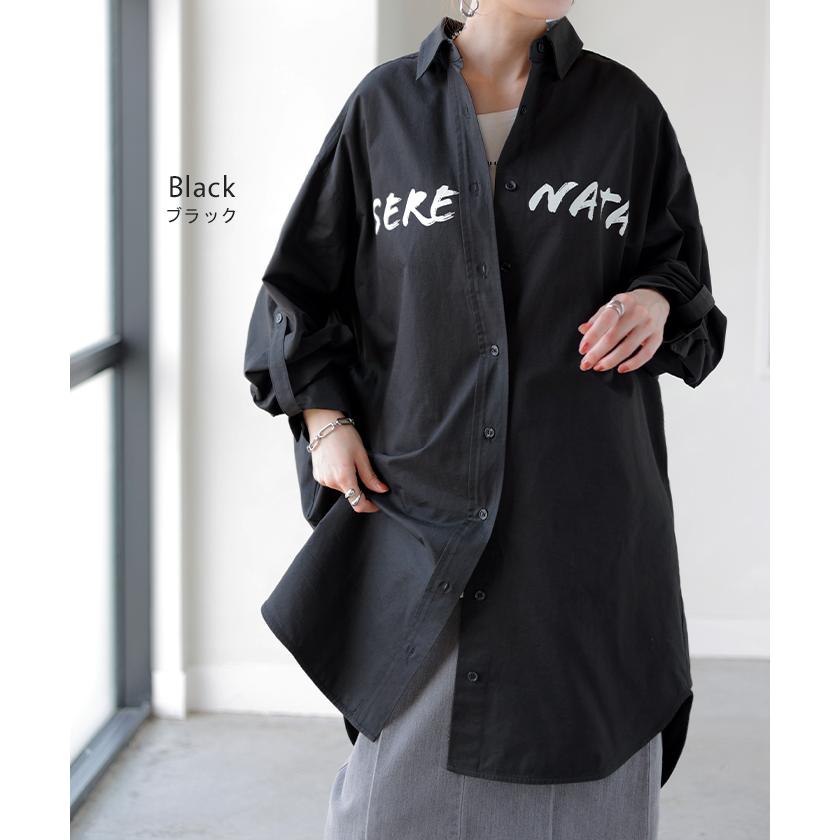 シャツ ロゴ ロング レディース トップス ロングシャツ チュニック ブラウス 綿100 ワンピース プリント 長袖 | HUG.U | 17