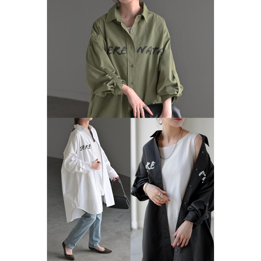 シャツ ロゴ ロング レディース トップス ロングシャツ チュニック ブラウス 綿100 ワンピース プリント 長袖 | HUG.U | 19