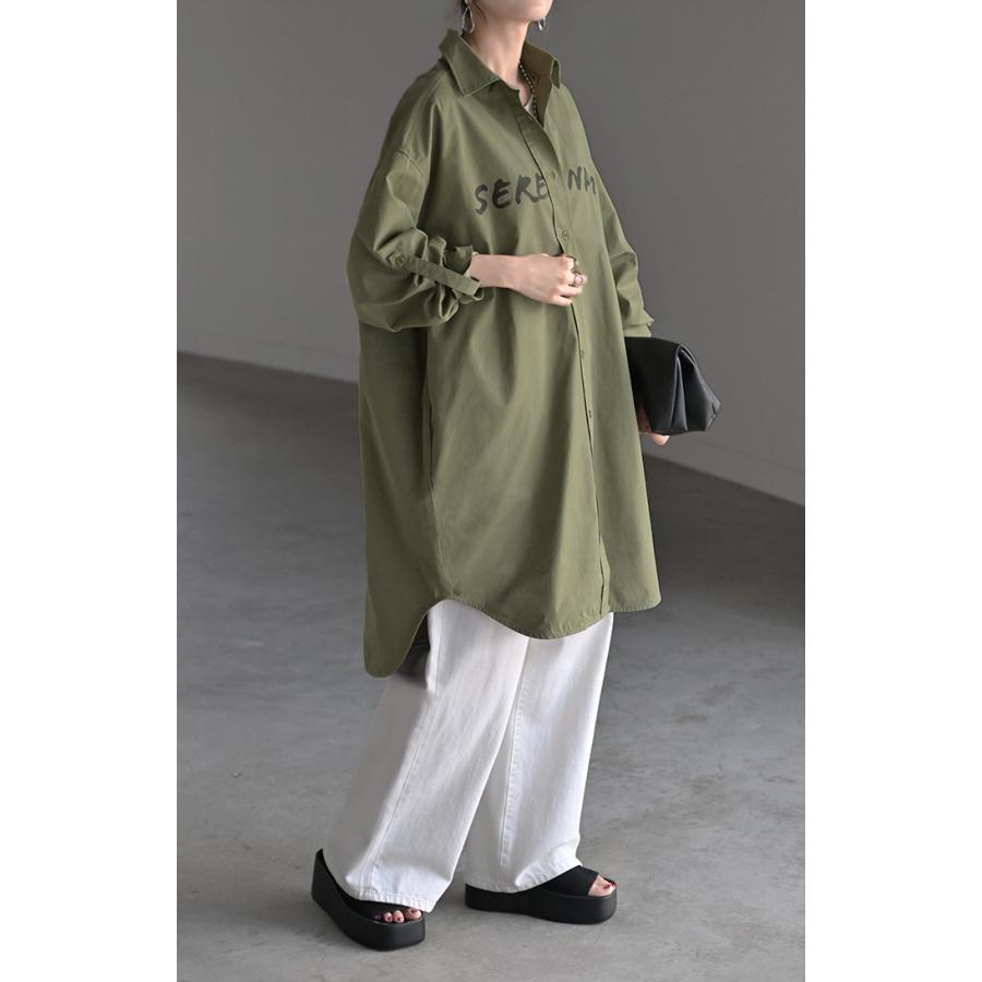 シャツ ロゴ ロング レディース トップス ロングシャツ チュニック ブラウス 綿100 ワンピース プリント 長袖 | HUG.U | 20