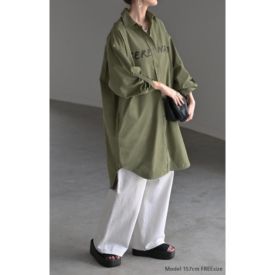 シャツ ロゴ ロング レディース トップス ロングシャツ チュニック ブラウス 綿100 ワンピース プリント 長袖 | HUG.U | 06