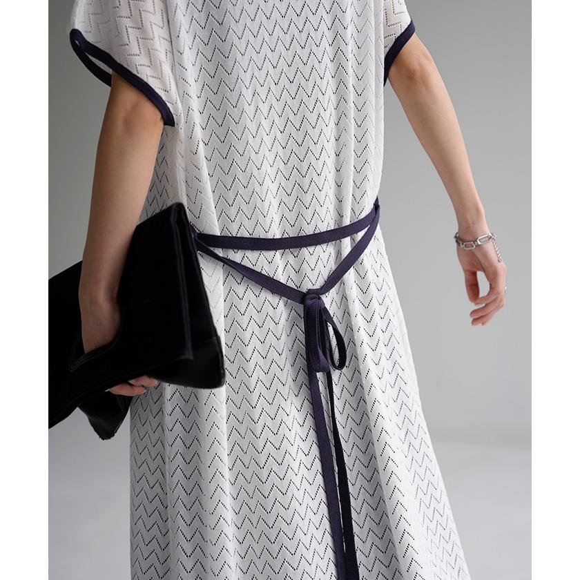 ワンピース ロング シアー レディース 半袖 ワンピ 透かし編み 配色 無地 体型カバー ロング丈ワンピース | HUG.U | 21