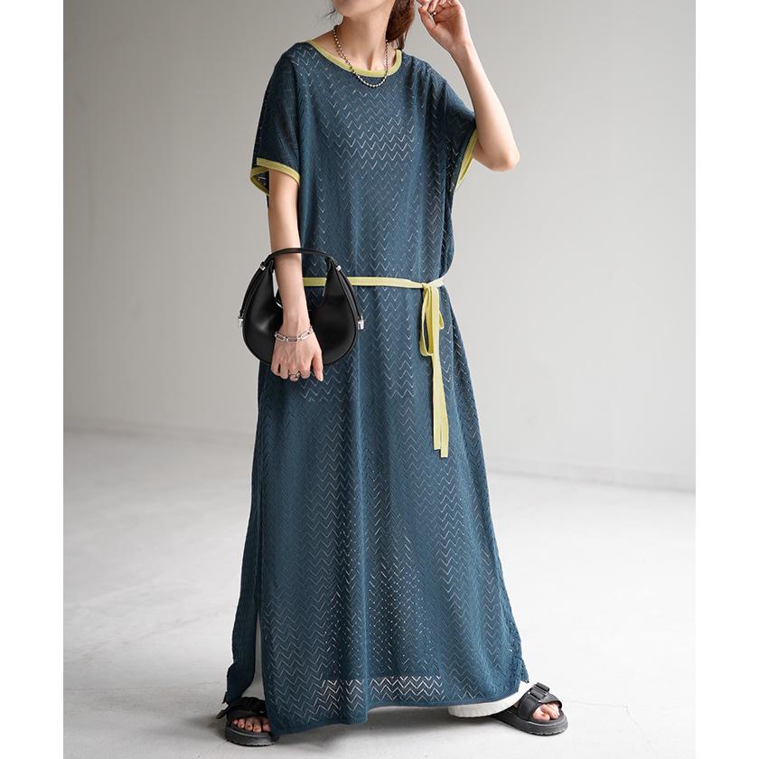 ワンピース ロング シアー レディース 半袖 ワンピ 透かし編み 配色 無地 体型カバー ロング丈ワンピース | HUG.U | 07