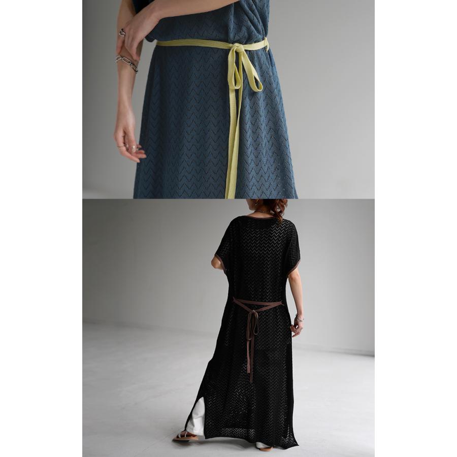 ワンピース ロング シアー レディース 半袖 ワンピ 透かし編み 配色 無地 体型カバー ロング丈ワンピース | HUG.U | 09