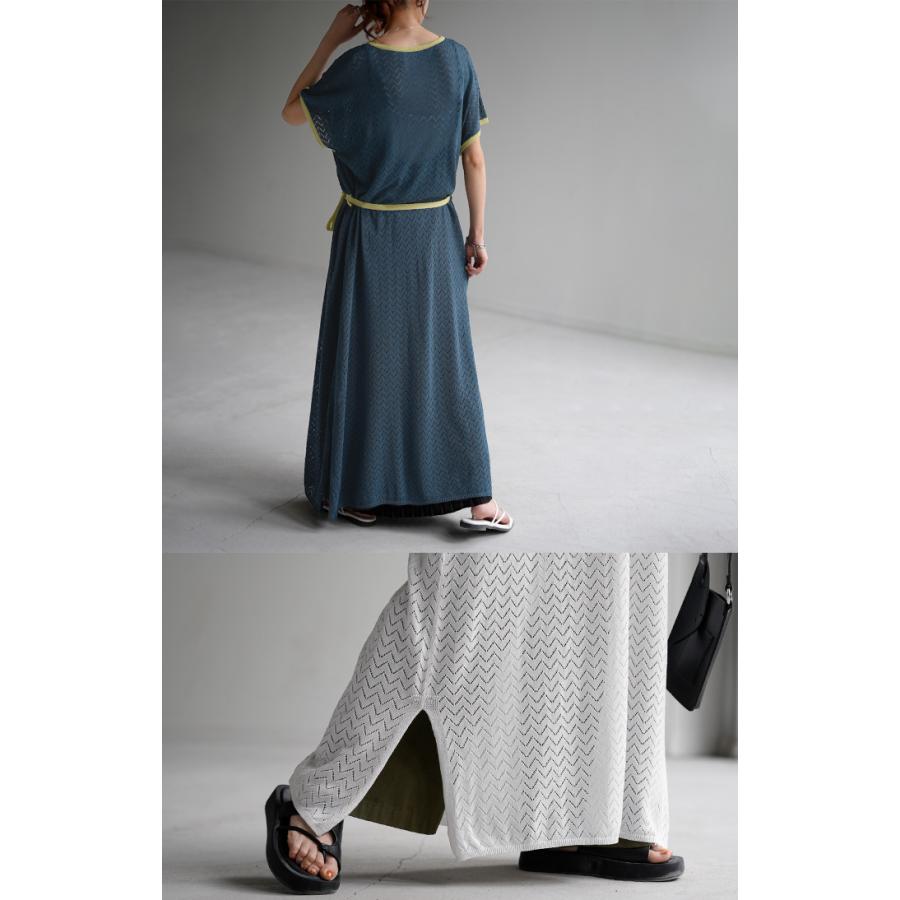 ワンピース ロング シアー レディース 半袖 ワンピ 透かし編み 配色 無地 体型カバー ロング丈ワンピース | HUG.U | 11