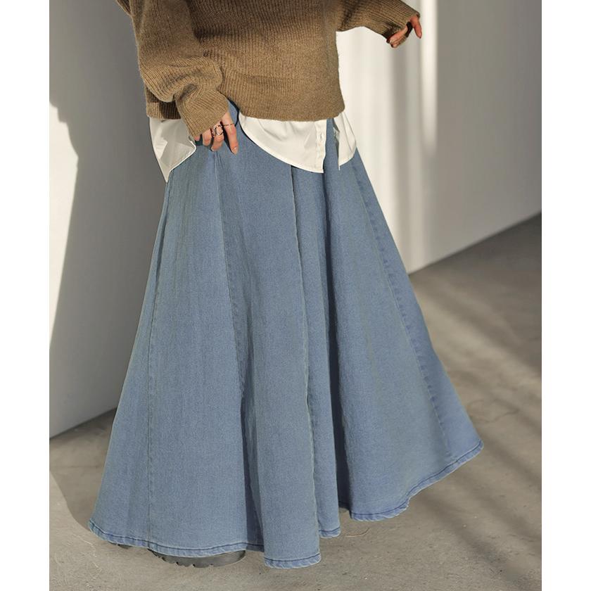 スカート デニム ロング Aライン レディース ボトムス フレア 無地 フレアスカート ロングスカート ハイウエスト | HUG.U | 19