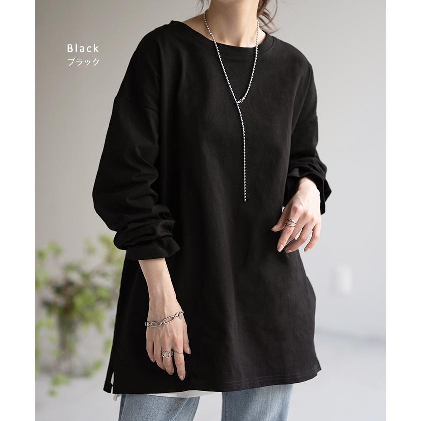 トップス ロンT 綿100% レディース カットソー ティーシャツ 無地 長袖 Tシャツ ロング チュニック ビッグ | HUG.U | 22