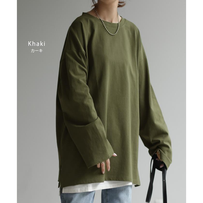 トップス ロンT 綿100% レディース カットソー ティーシャツ 無地 長袖 Tシャツ ロング チュニック ビッグ | HUG.U | 25