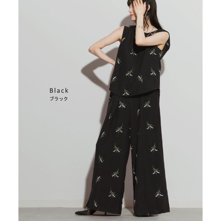 セットアップ パンツ 刺繍 タンクトップ レディース ワイド ロング ワイドパンツ トップス 太い ズボン ハイウエスト ノースリーブ | HUG.U | 14
