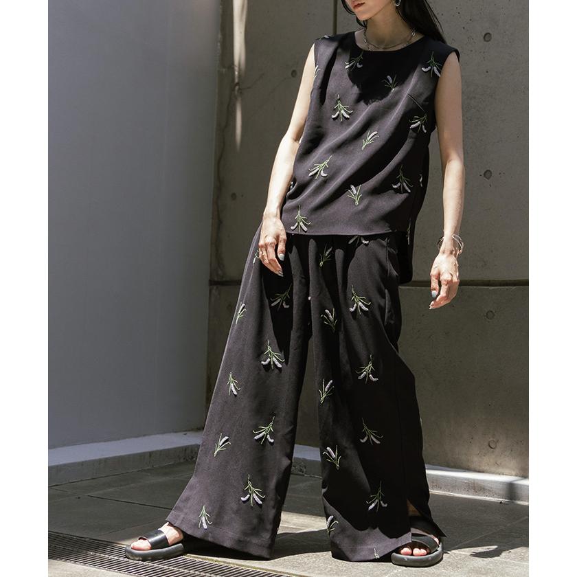 セットアップ パンツ 刺繍 タンクトップ レディース ワイド ロング ワイドパンツ トップス 太い ズボン ハイウエスト ノースリーブ | HUG.U | 05