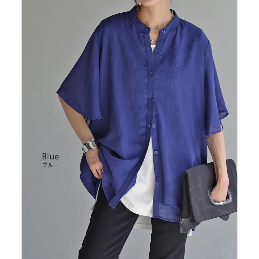 シャツ 楊柳 ノーカラー レディース トップス シアー ロング ロングシャツ チュニック ブラウス フレア袖 バンドカラー | HUG.U | 16