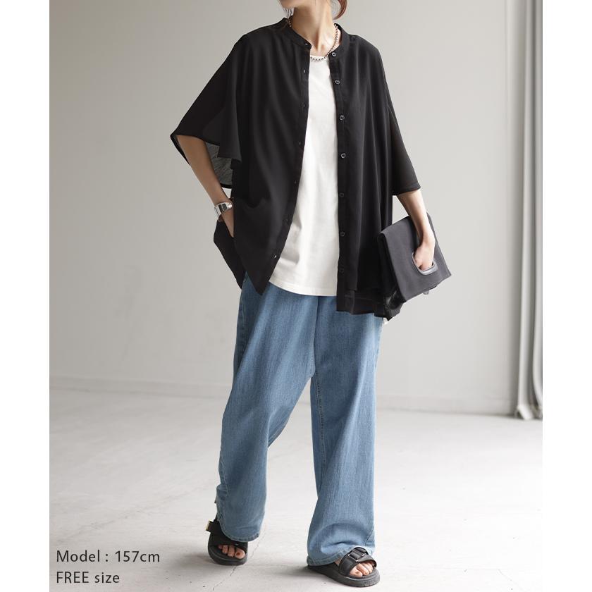 シャツ 楊柳 ノーカラー レディース トップス シアー ロング ロングシャツ チュニック ブラウス フレア袖 バンドカラー | HUG.U | 20