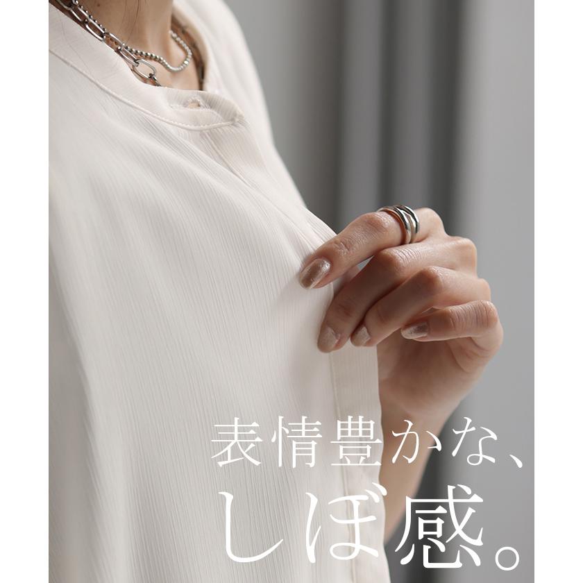 シャツ 楊柳 ノーカラー レディース トップス シアー ロング ロングシャツ チュニック ブラウス フレア袖 バンドカラー | HUG.U | 05