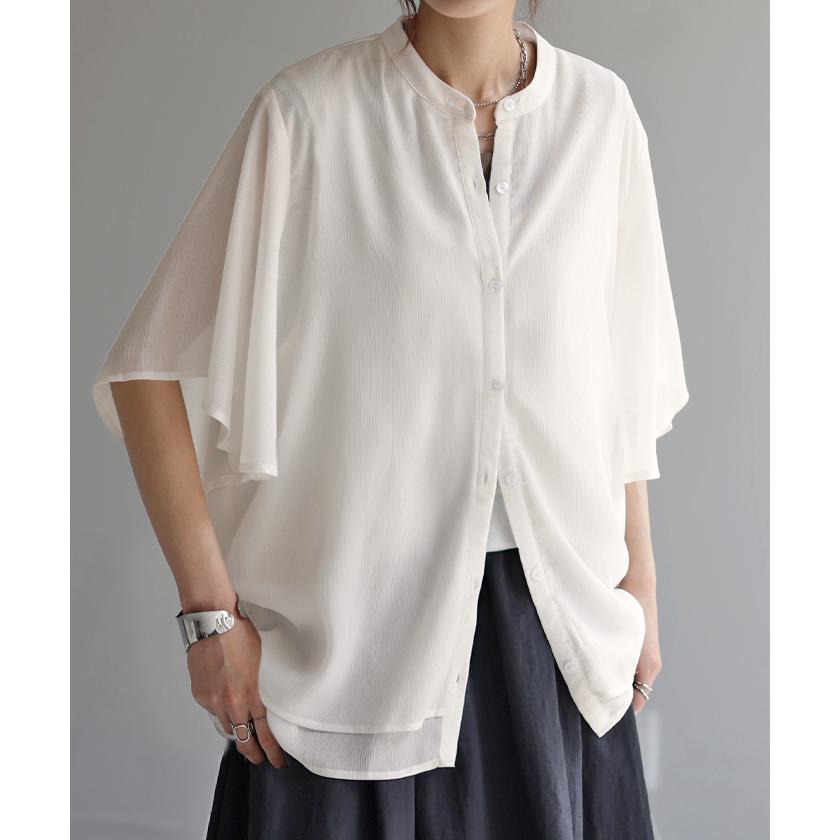 シャツ 楊柳 ノーカラー レディース トップス シアー ロング ロングシャツ チュニック ブラウス フレア袖 バンドカラー | HUG.U | 07