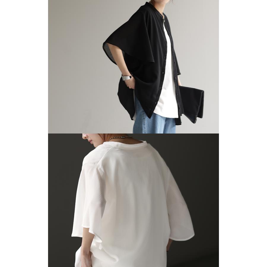 シャツ 楊柳 ノーカラー レディース トップス シアー ロング ロングシャツ チュニック ブラウス フレア袖 バンドカラー | HUG.U | 08