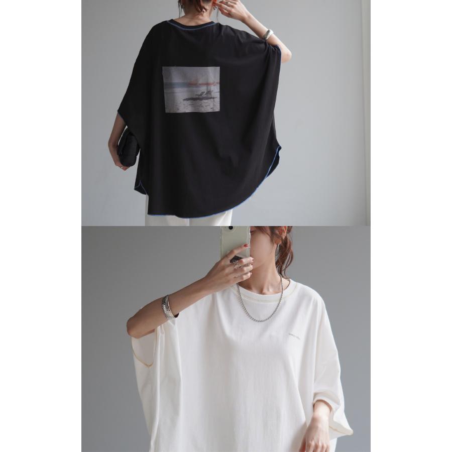 Tシャツ トップス ティーシャツ プリント レディース カットソー 二の腕カバー ドルマン ロゴT Uネック | HUG.U | 09