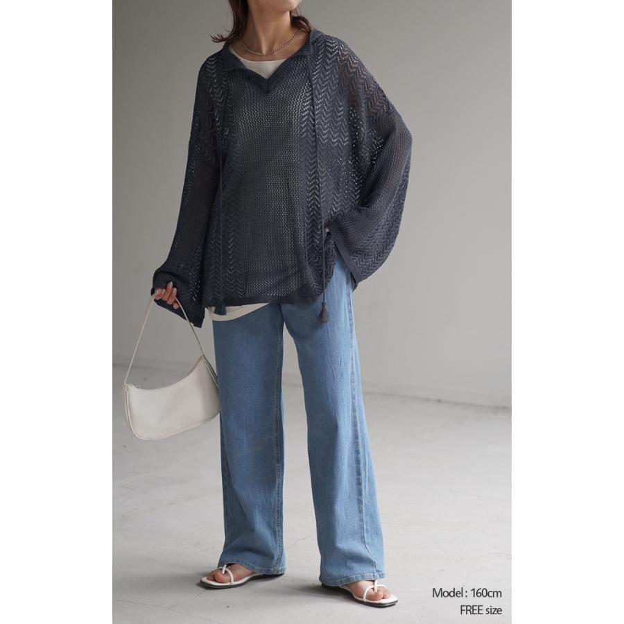 ニット レディース サマーニット トップス サマーニットパーカー キーネックパーカー タッセル メッシュ | HUG.U | 07