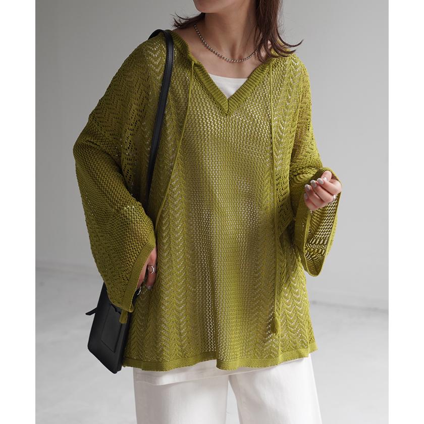 ニット レディース サマーニット トップス サマーニットパーカー キーネックパーカー タッセル メッシュ | HUG.U | 09