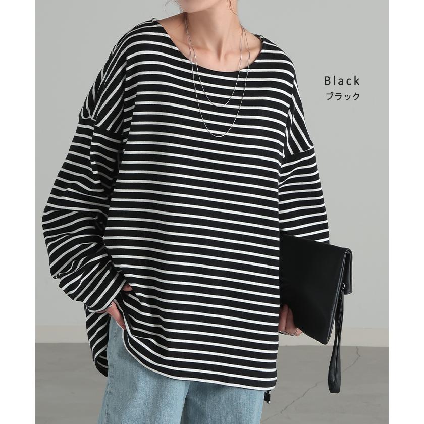 ロンT ボーダー レディース カットソー 綿100％ ティーシャツ ストレッチ 長袖 Tシャツ ロング チュニック | HUG.U | 18