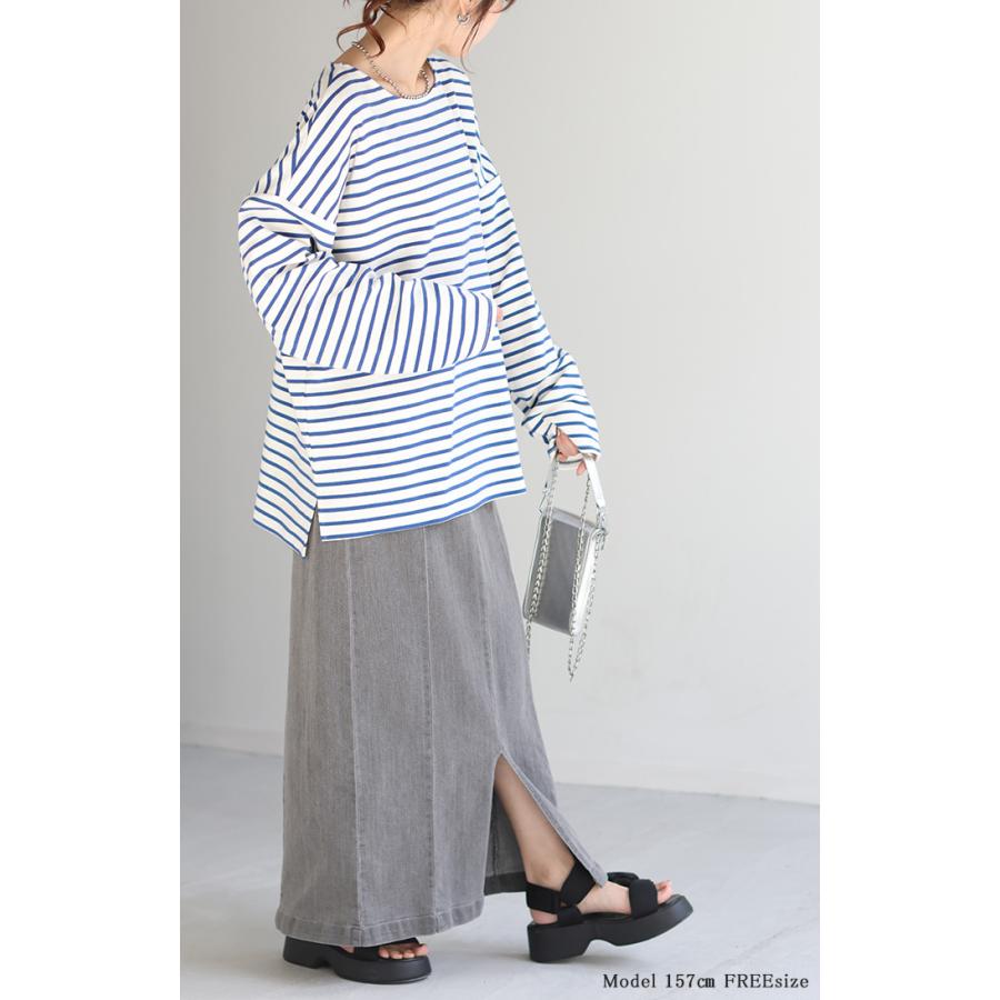 ロンT ボーダー レディース カットソー 綿100％ ティーシャツ ストレッチ 長袖 Tシャツ ロング チュニック | HUG.U | 23