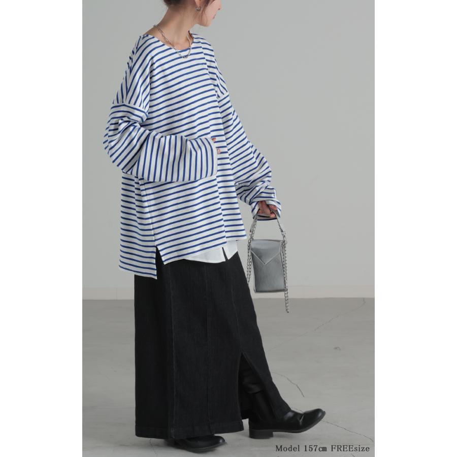 ロンT ボーダー レディース カットソー 綿100％ ティーシャツ ストレッチ 長袖 Tシャツ ロング チュニック | HUG.U | 23