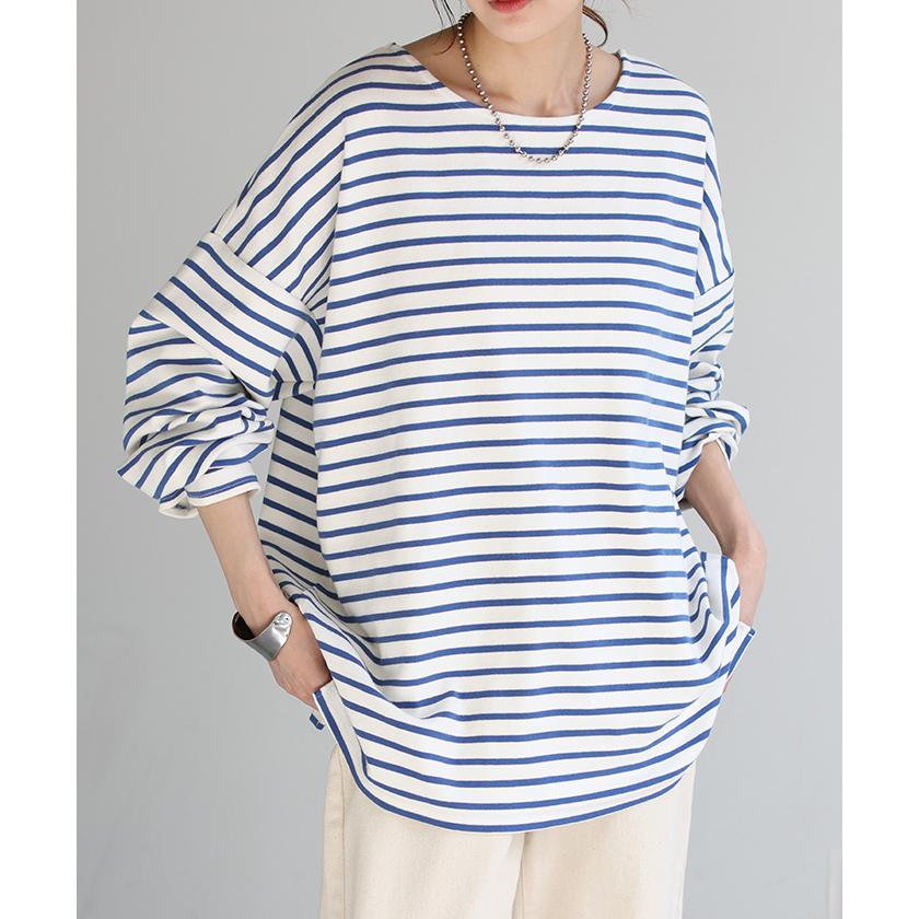 ロンT ボーダー レディース カットソー 綿100％ ティーシャツ ストレッチ 長袖 Tシャツ ロング チュニック | HUG.U | 09