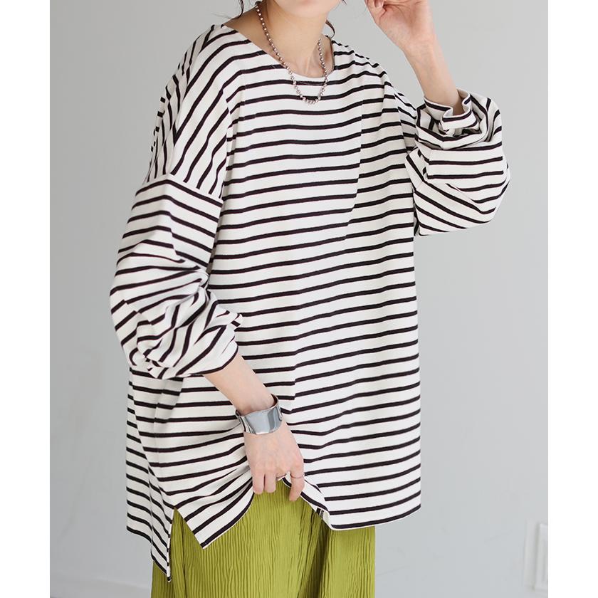 ロンT ボーダー レディース カットソー 綿100％ ティーシャツ ストレッチ 長袖 Tシャツ ロング チュニック | HUG.U | 09