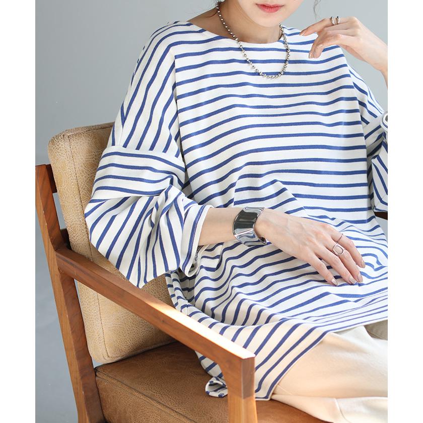 ロンT ボーダー レディース カットソー 綿100％ ティーシャツ ストレッチ 長袖 Tシャツ ロング チュニック | HUG.U | 13