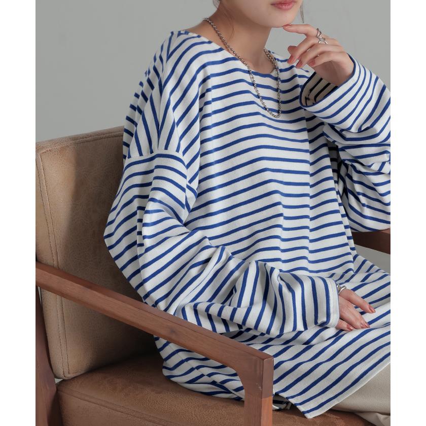 ロンT ボーダー レディース カットソー 綿100％ ティーシャツ ストレッチ 長袖 Tシャツ ロング チュニック | HUG.U | 13
