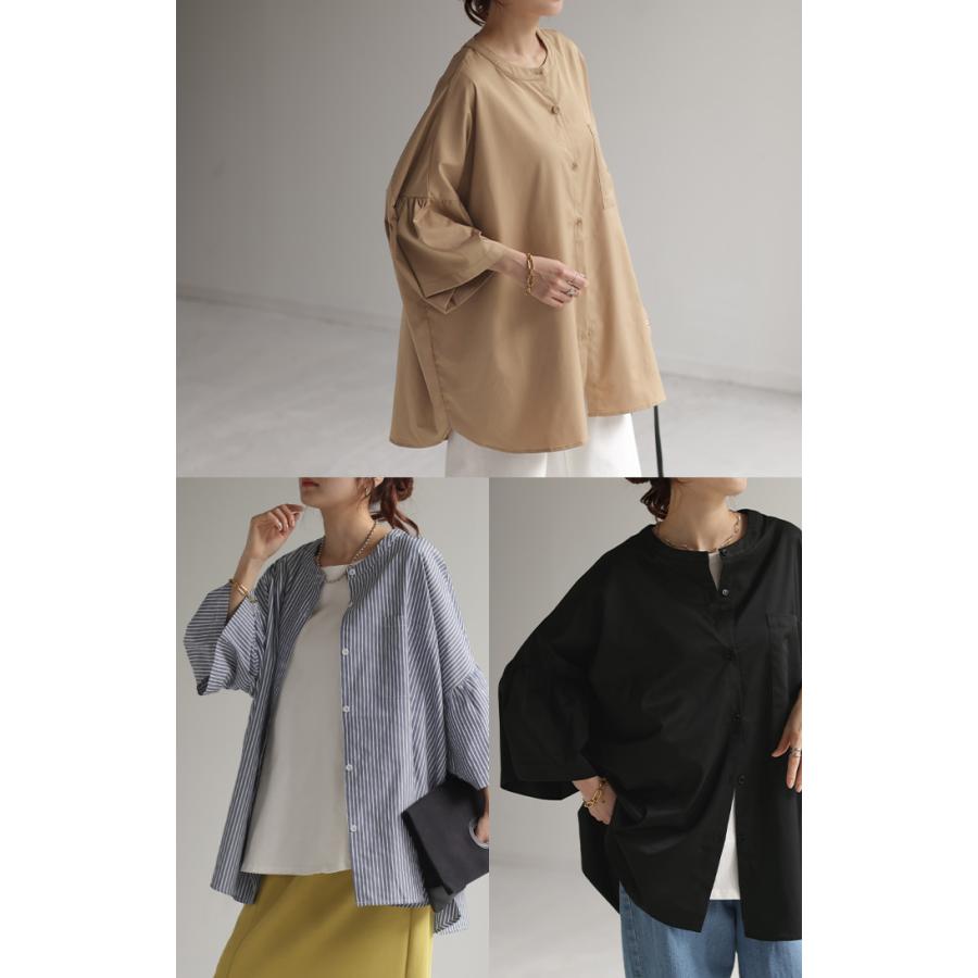 シャツ フレア袖 体型カバー ギャザー トップス レディース ストライプ チュニック ノーカラー バンドカラー | HUG.U | 15