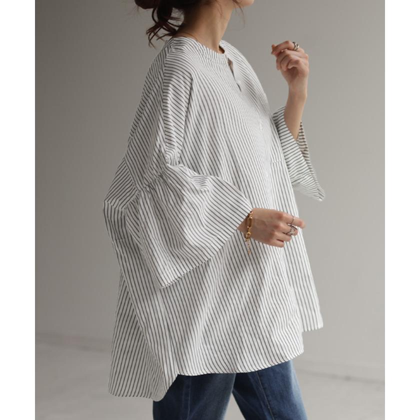 シャツ フレア袖 体型カバー ギャザー トップス レディース ストライプ チュニック ノーカラー バンドカラー | HUG.U | 10