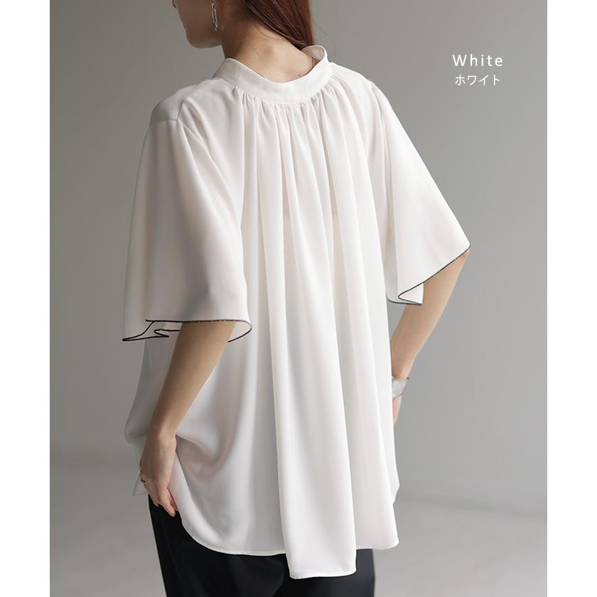 ブラウス レディース フリル シャツ ジャスト丈 二の腕を隠せる バンドカラー トップス きれいめ ギャザー スタンドカラー 通勤 | HUG.U | 15