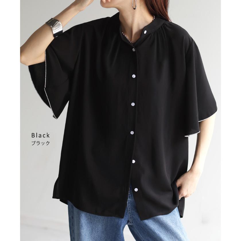 ブラウス レディース フリル シャツ ジャスト丈 二の腕を隠せる バンドカラー トップス きれいめ ギャザー スタンドカラー 通勤 | HUG.U | 16