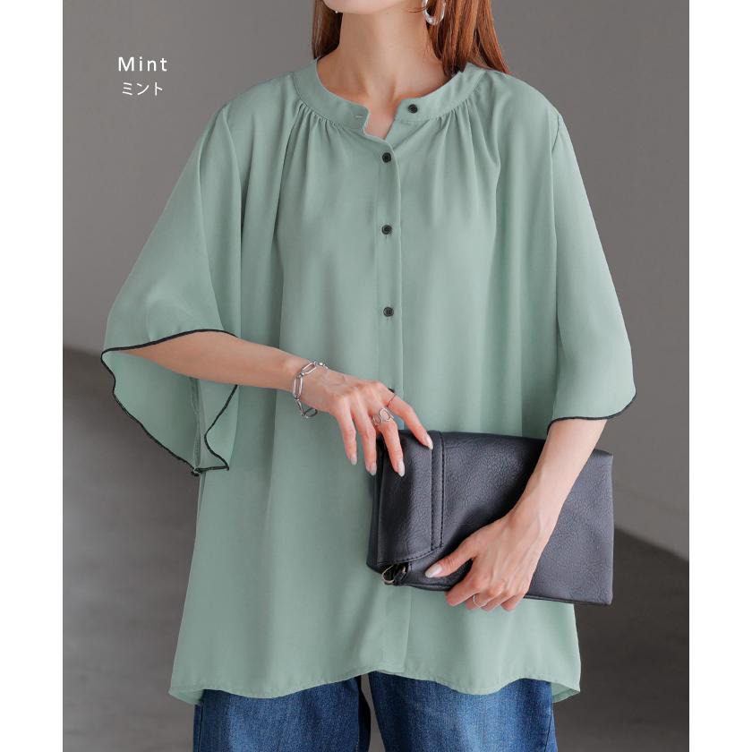 ブラウス レディース フリル シャツ ジャスト丈 二の腕を隠せる バンドカラー トップス きれいめ ギャザー スタンドカラー 通勤 | HUG.U | 20